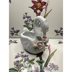 Vintage White Ceramic Swan Bud Vase with Pink Roses | Floral Swan Planter Decor